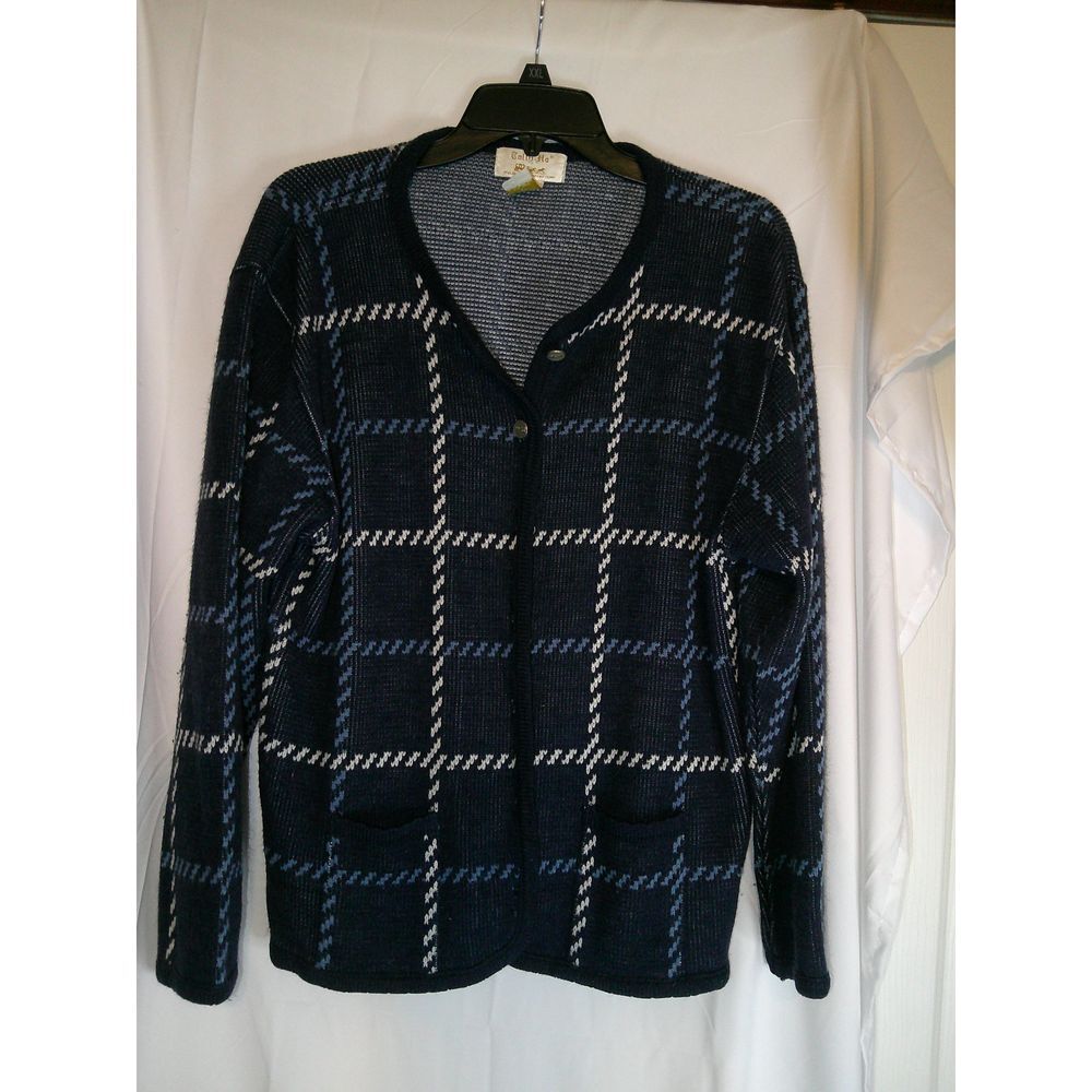 Vintage Tally-Ho Navy Blue Windowpane Check V-Neck Cardigan Knit Sweater L